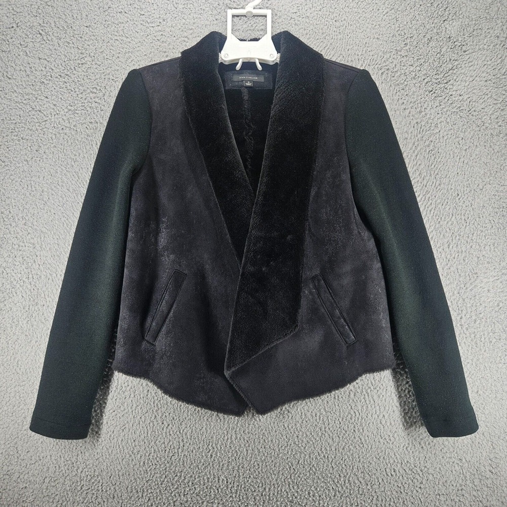 Ann Taylor Open Blazer Black Faux Fur Collar Faux Suede Body Wool Blend Arm Sz S